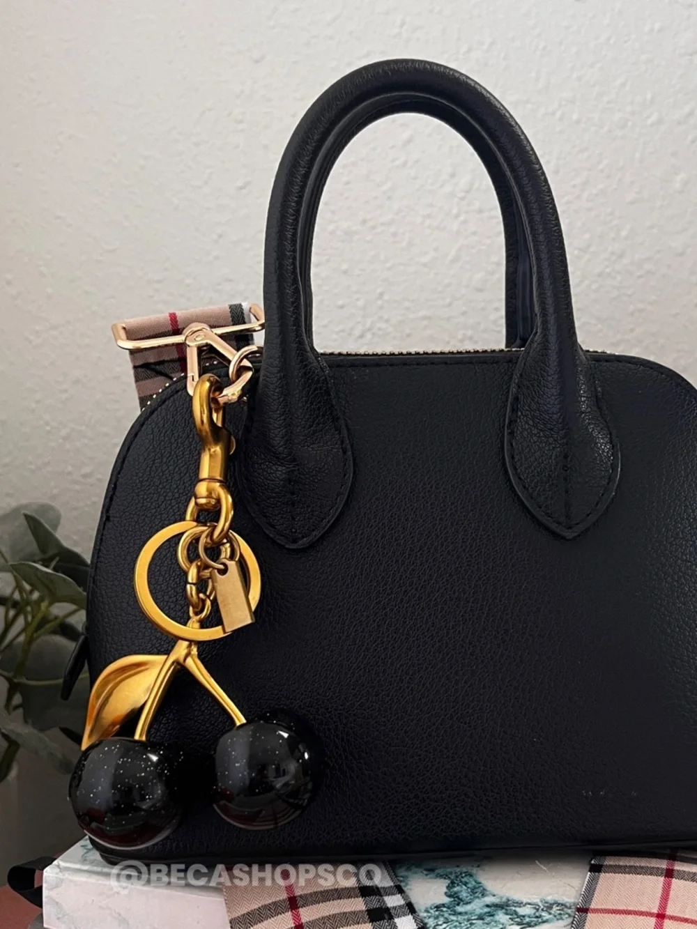 New Black Cherry Bag Charm Keychain Glitter Resin and Brass Metal